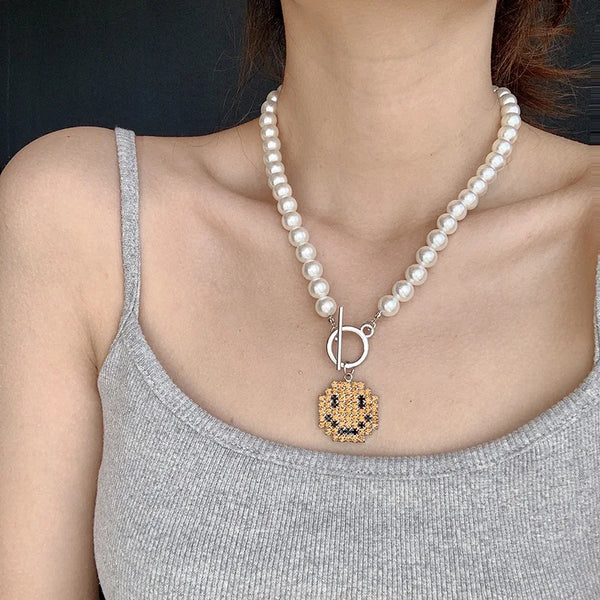 Rhinestone Smile Face Choker Pendant Necklace