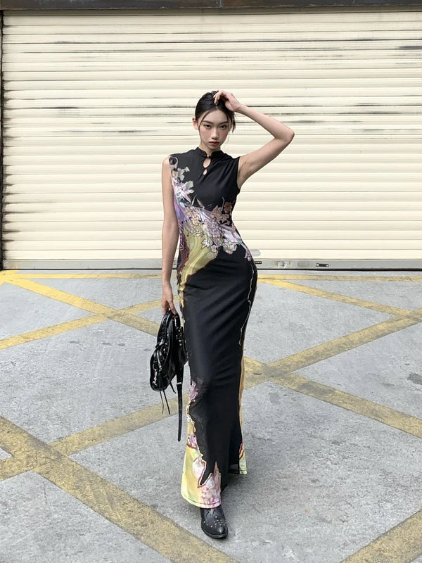 Vintage Floral Sleeveless Midi Mermaid Dress