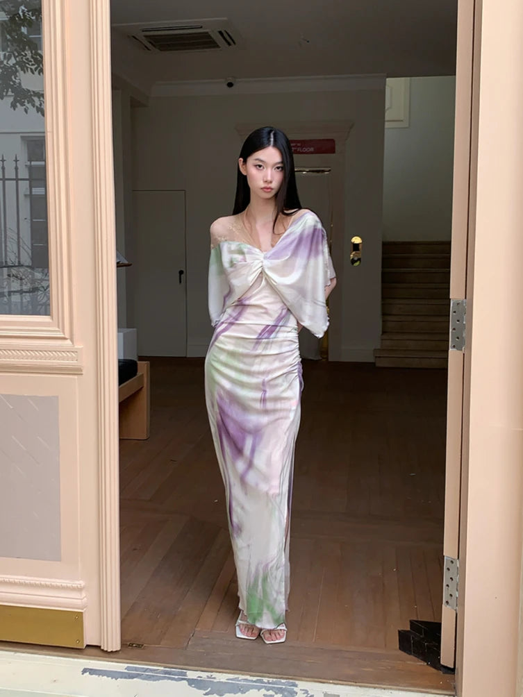 VILZSTUDIOS Purple Ruched V-Neck Maxi Dress