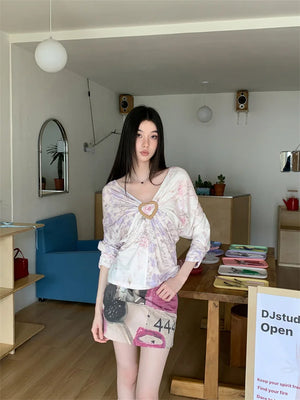 VILZSTUDIOS Floral Batwing Heart Ruched Blouse