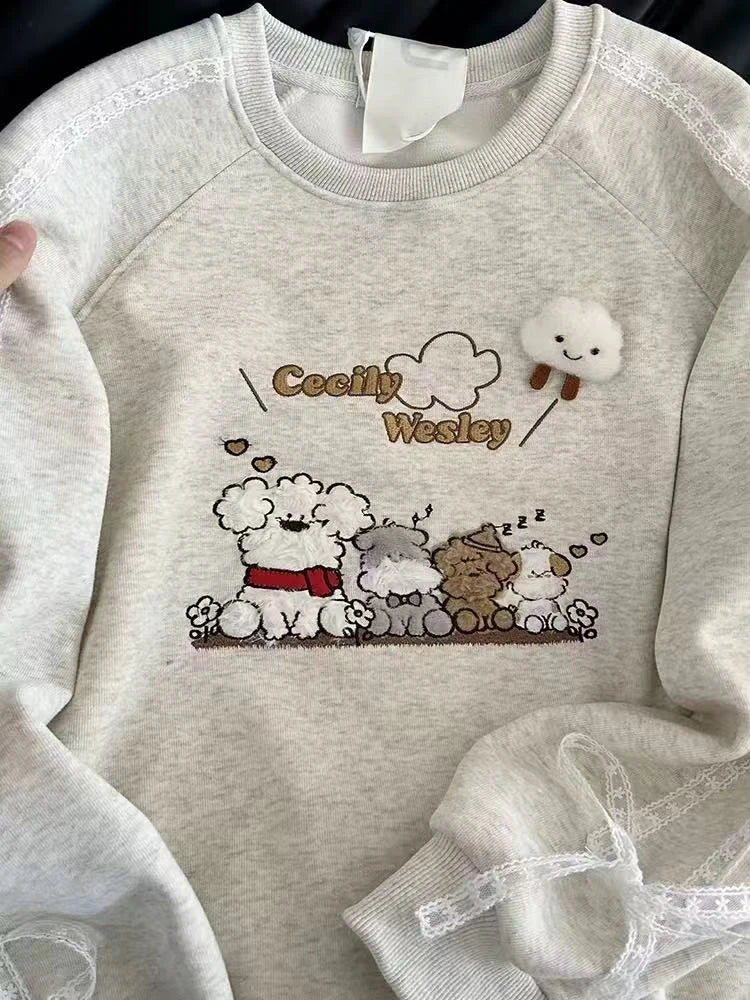 VILZSTUDIOS Kawaii Puppy Embroidery Thick Loose Sweater