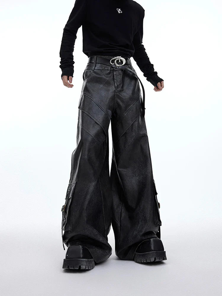 VILZSTUDIOS Vintage Distressed Black Leather Wide Pants
