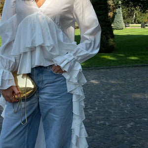 VILZSTUDIOS Ruffled Flare Sleeve V-Neck Blouse