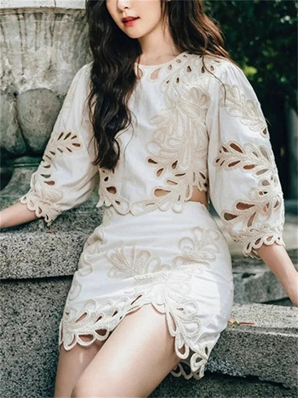 Chic Crochet Hollow Out Puff Sleeve Top and Mini Skirt Set