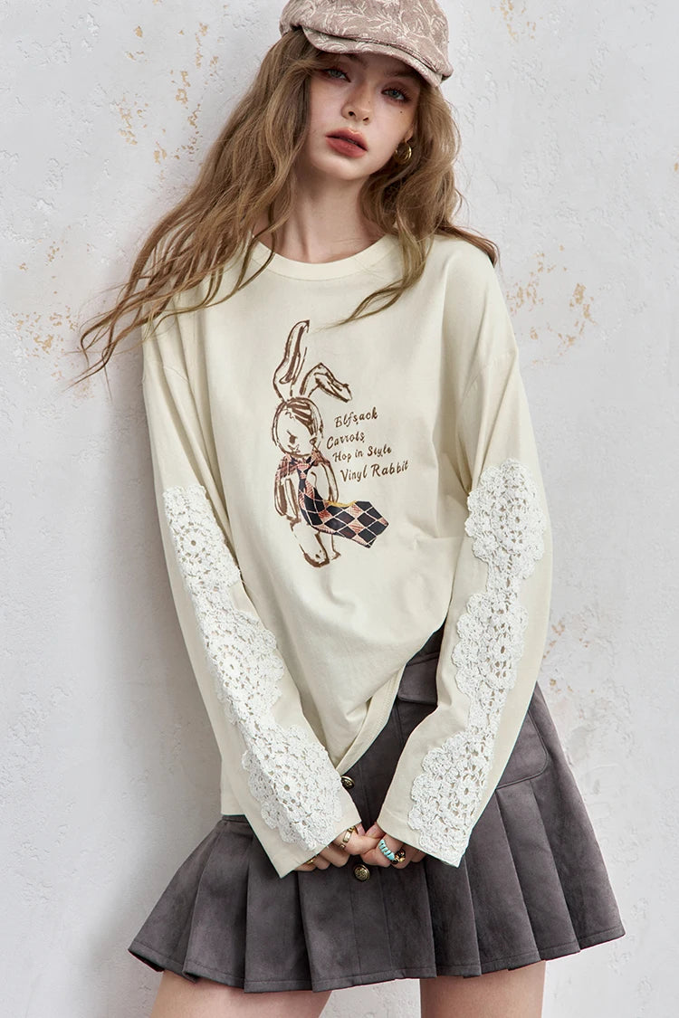 VILZSTUDIOS Cozy Loose Fit Rabbit Print Long Sleeve Top