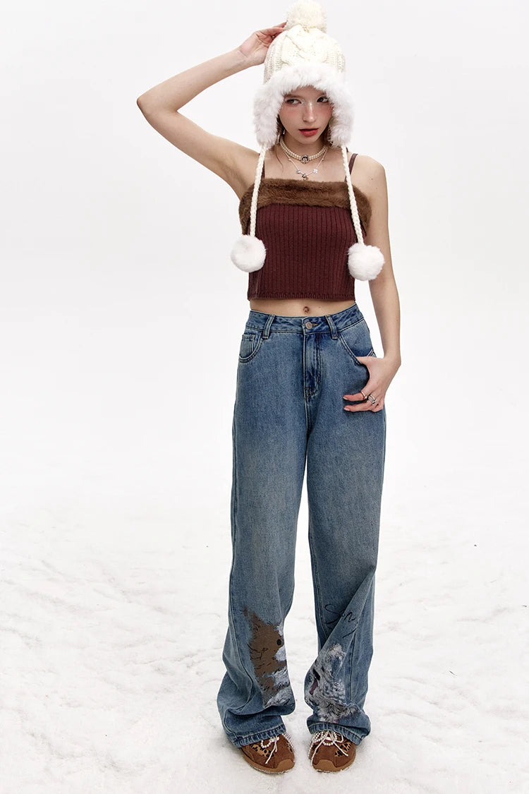 VILZSTUDIOS Retro Graffiti Print Loose Straight Leg Jeans