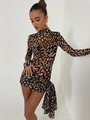 VILZSTUDIOS Leopard Print Sheer Turtleneck Mini Dress
