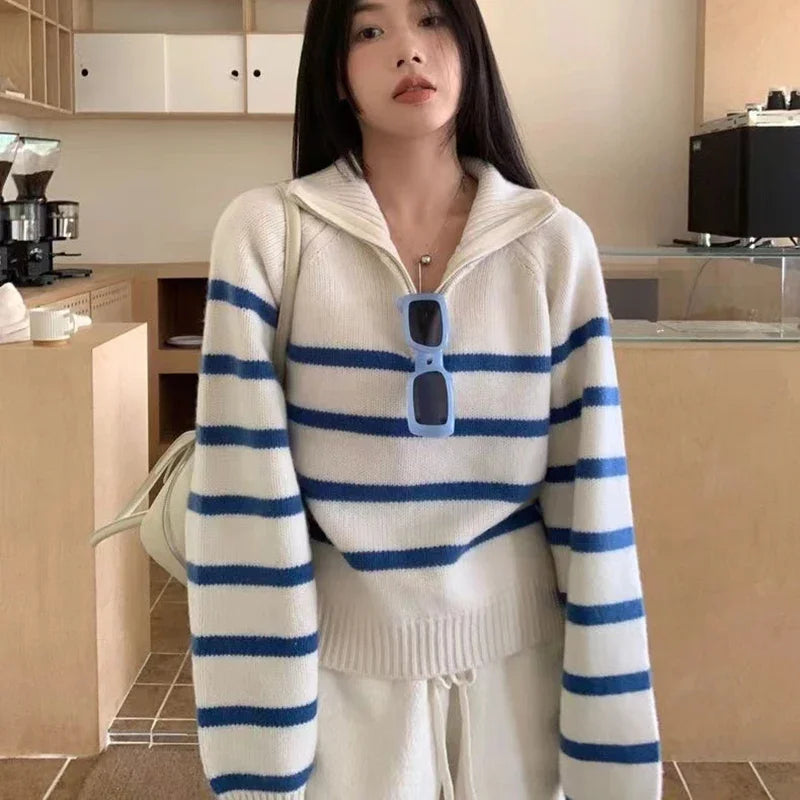 VILZSTUDIOS Cozy Zip-Up Striped Knit Sweater