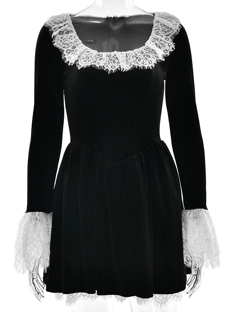 VILZSTUDIOS Sexy Black Lace Flare Sleeve Dress
