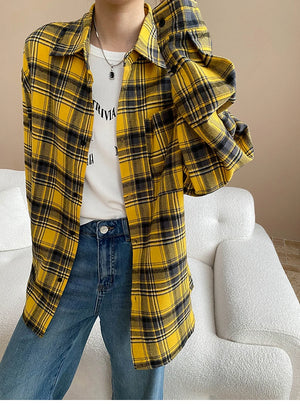 VILZSTUDIOS Yellow Plaid Oversized Loose Fit Shirt