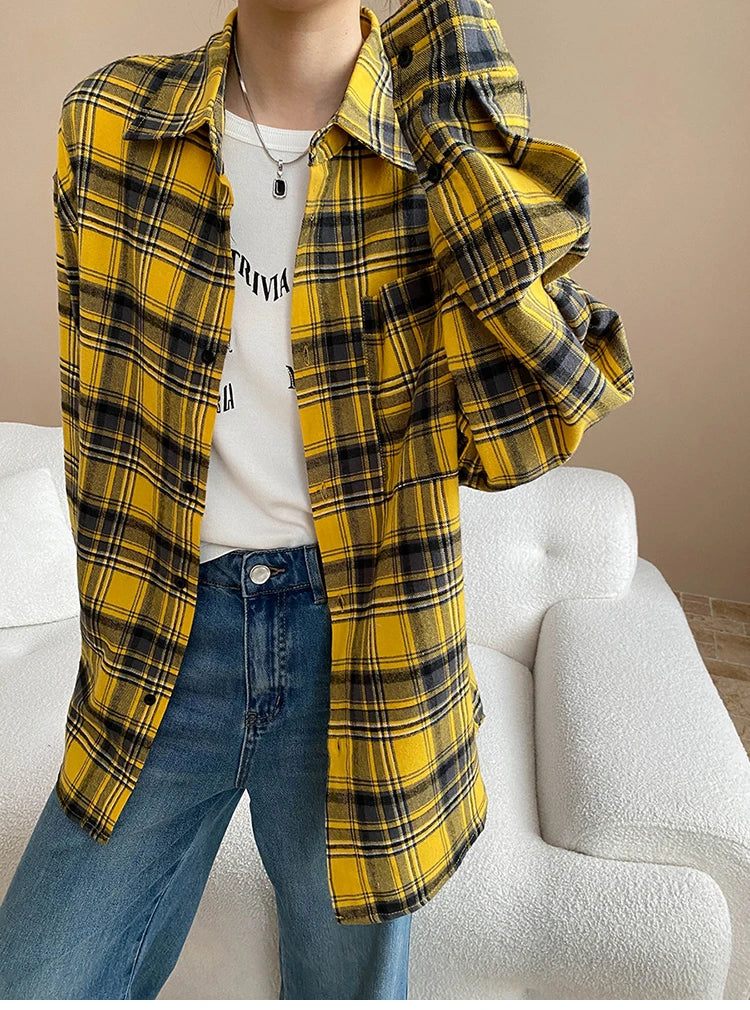 VILZSTUDIOS Yellow Plaid Oversized Loose Fit Shirt