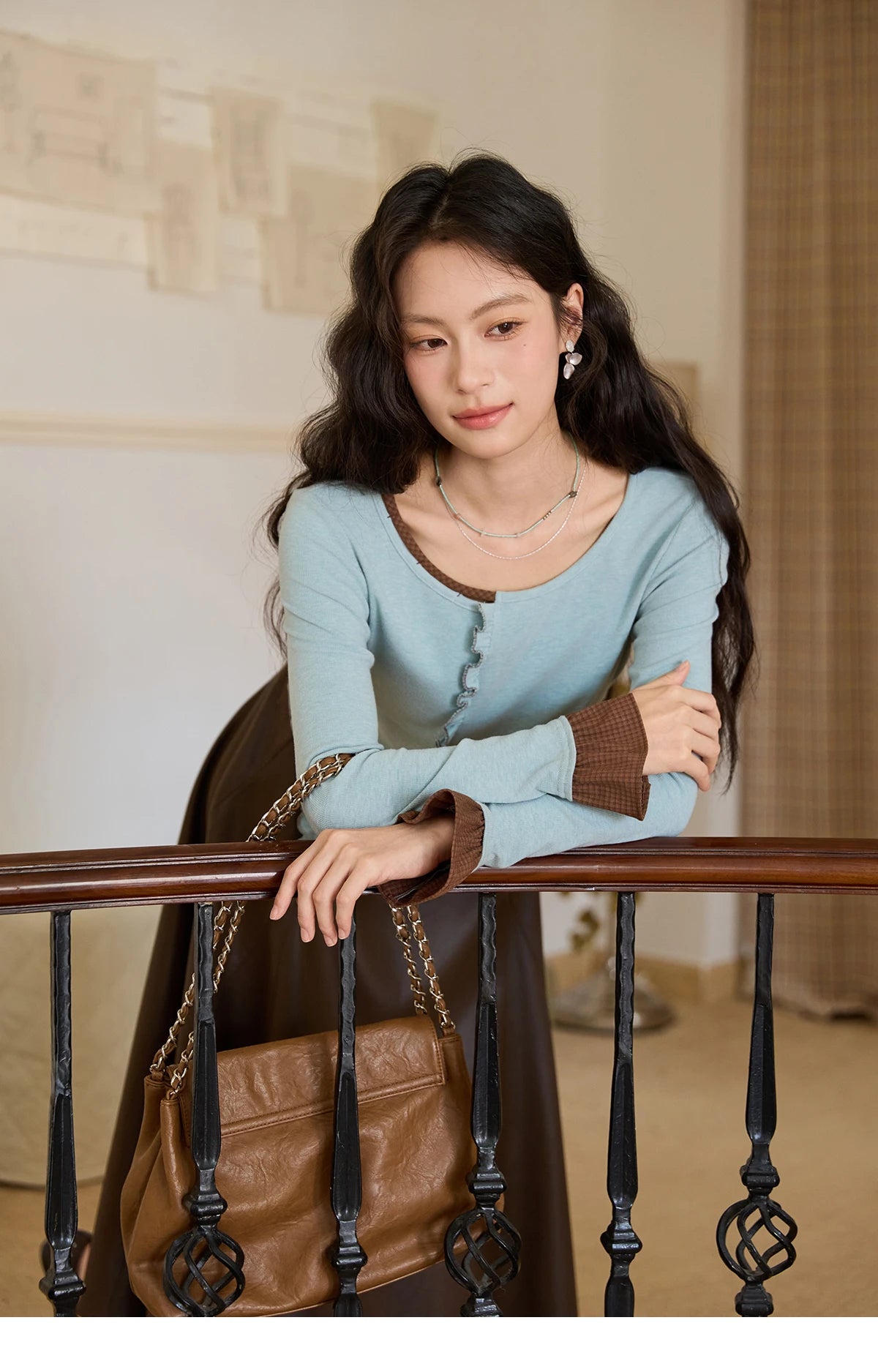VILZSTUDIOS Blue Color Blocked Knitted Ruffled Long Sleeve Top