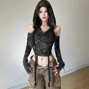 VILZSTUDIOS Gothic Hollow Out Hooded Long Sleeve Top