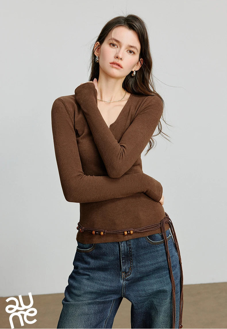 VILZSTUDIOS Cozy Autumn V-Neck Long Sleeve T-Shirt