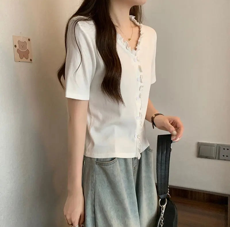 VILZSTUDIOS Elegant Summer V Neck Solid T-Shirt