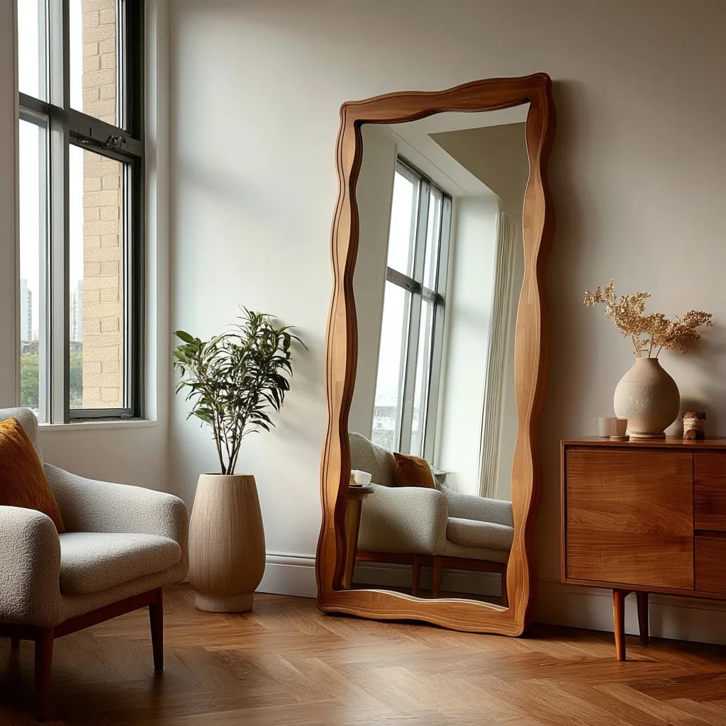 VILZSTUDIOS Vintage Style Solid Wood Tempered Mirror Full Length Floor Mirror for Home Living Room Bedroom Women's Dressing