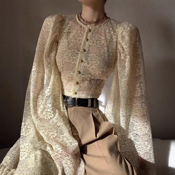 Elegant Splice Lace Flare Sleeve Blouse