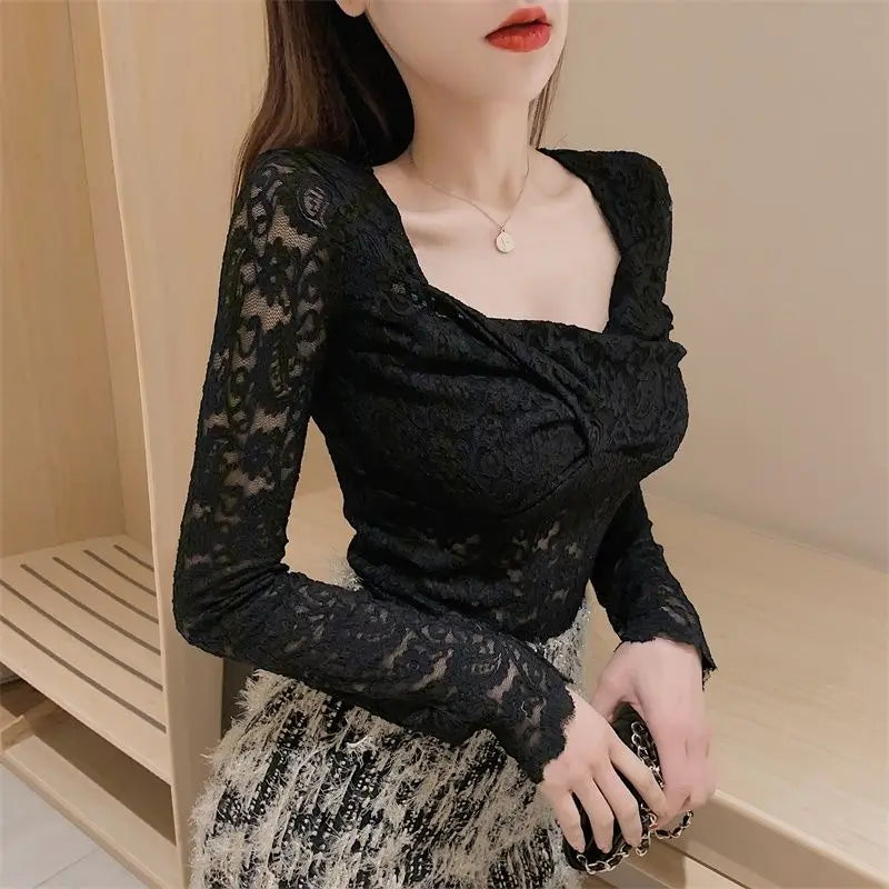 VILZSTUDIOS Lace Hollow Out Long Sleeve Top