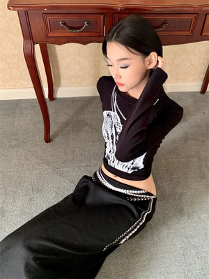 VILZSTUDIOS Black Pearl Print Long Sleeve Cropped Top