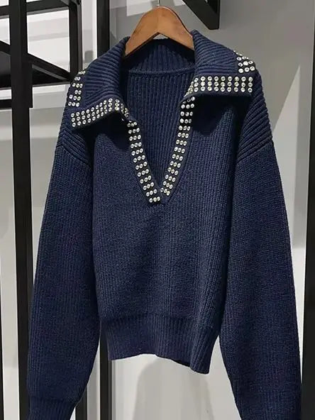 VILZSTUDIOS Diamond Bead Decorated Knit Sweater
