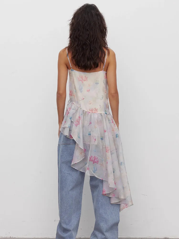 VILZSTUDIOS Floral Ruffles Asymmetrical Tank Top