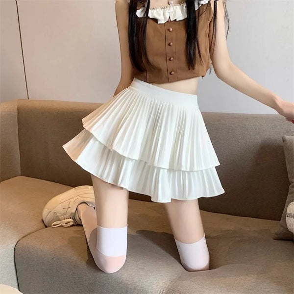 White Ruffled Pleated A-Line Mini Shorts