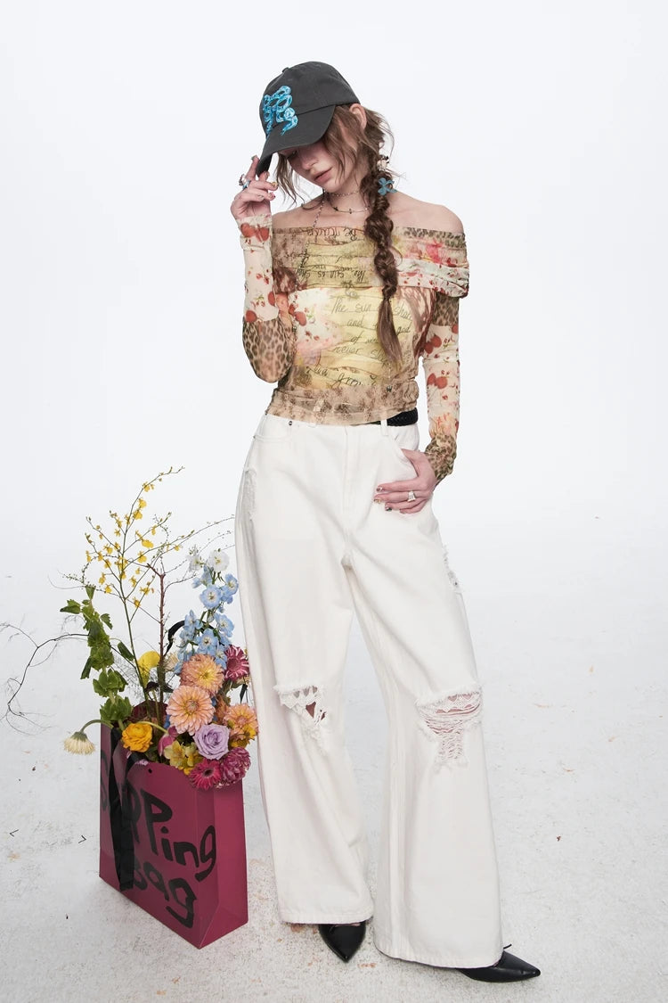 VILZSTUDIOS Elegant Printed Mesh Long Sleeve Blouse
