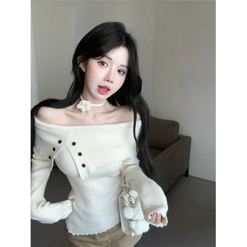 VILZSTUDIOS Chic Flower Knitwear Slash Neck Sweater