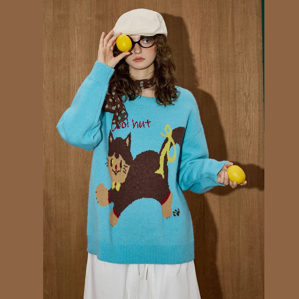 VILZSTUDIOS Vintage Cat Print Oversized Sweater