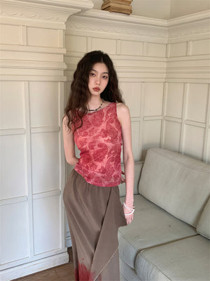 VILZSTUDIOS Red Flocking Floral Backless Blouse