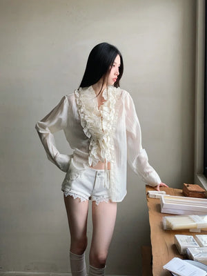 VILZSTUDIOS Ruffled Sheer Long Sleeve Designer Shirt