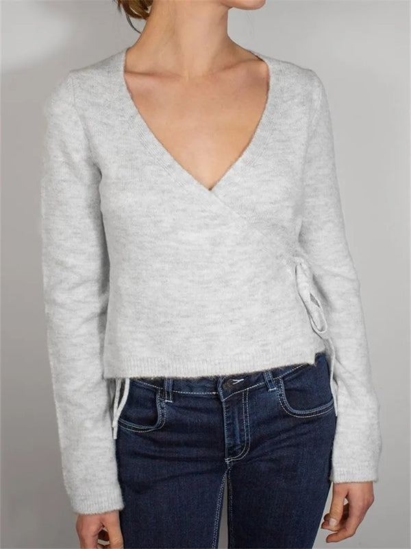Elegant Knitted Bow Tie Closure V-Neck Sweater