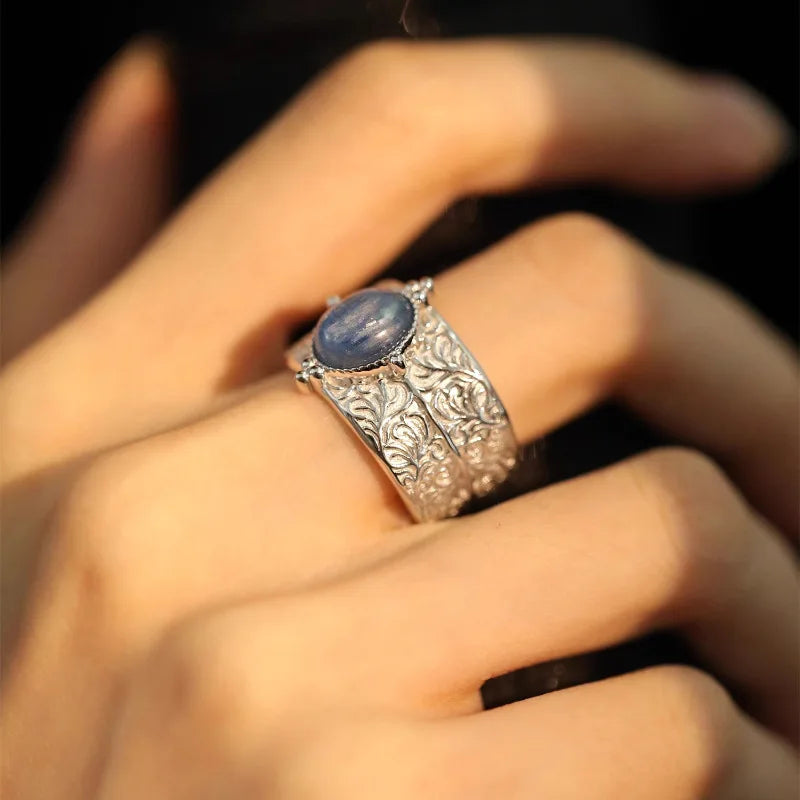 VILZSTUDIOS Elegant Blue Stone Leaf Flower Ring