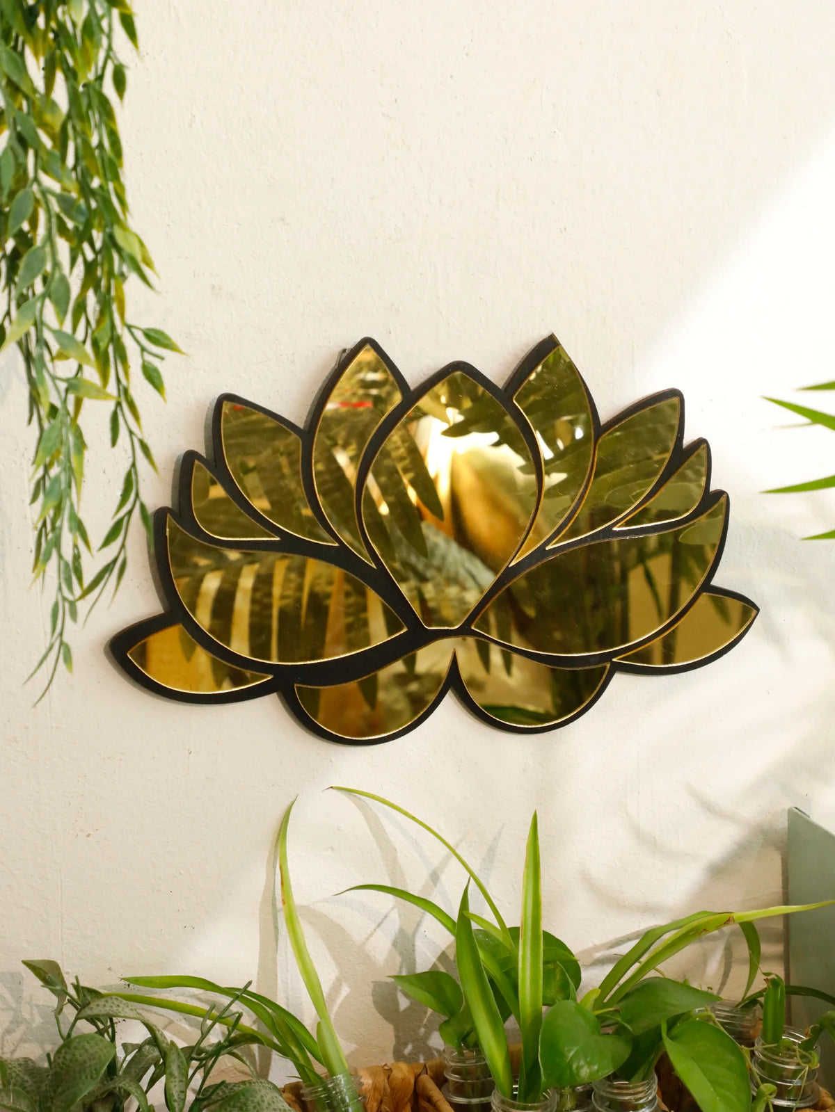 VILZSTUDIOS 1Pc Acrylic Lotus Flower Wall Mirror – Decorative Modern Wall Hanging, Wooden Home Decor for Living Room, Bedroom, and Office