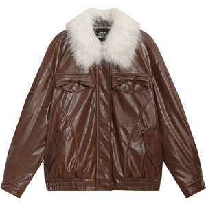 VILZSTUDIOS Plush Collar Spliced PU Jacket