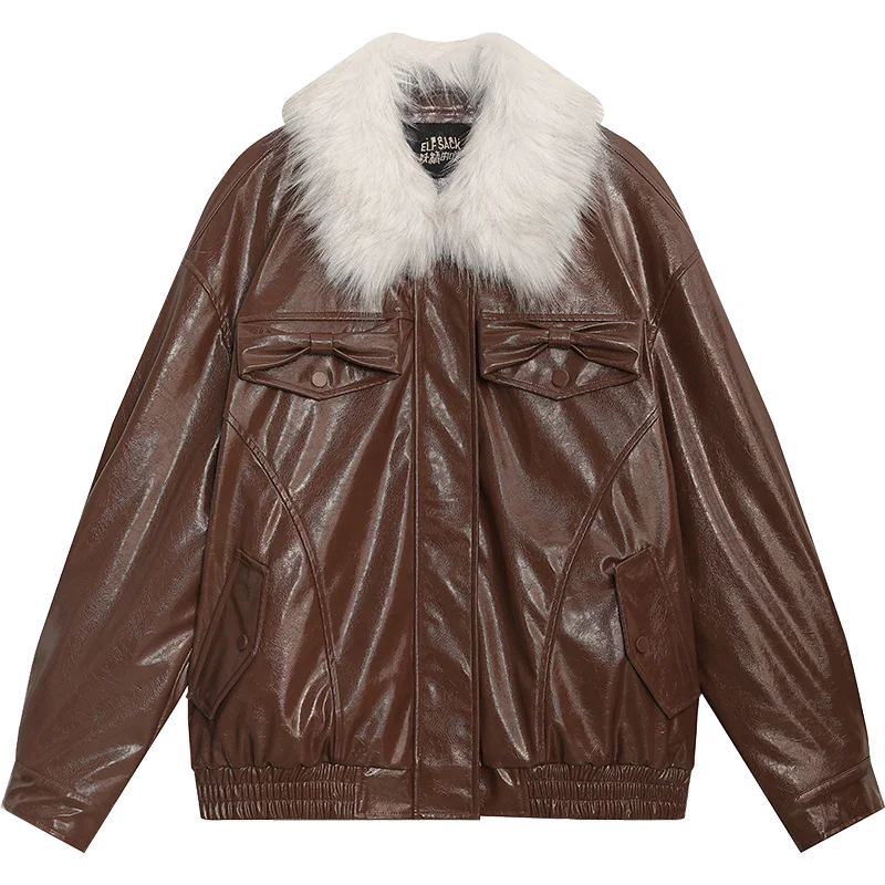 VILZSTUDIOS Plush Collar Spliced PU Jacket