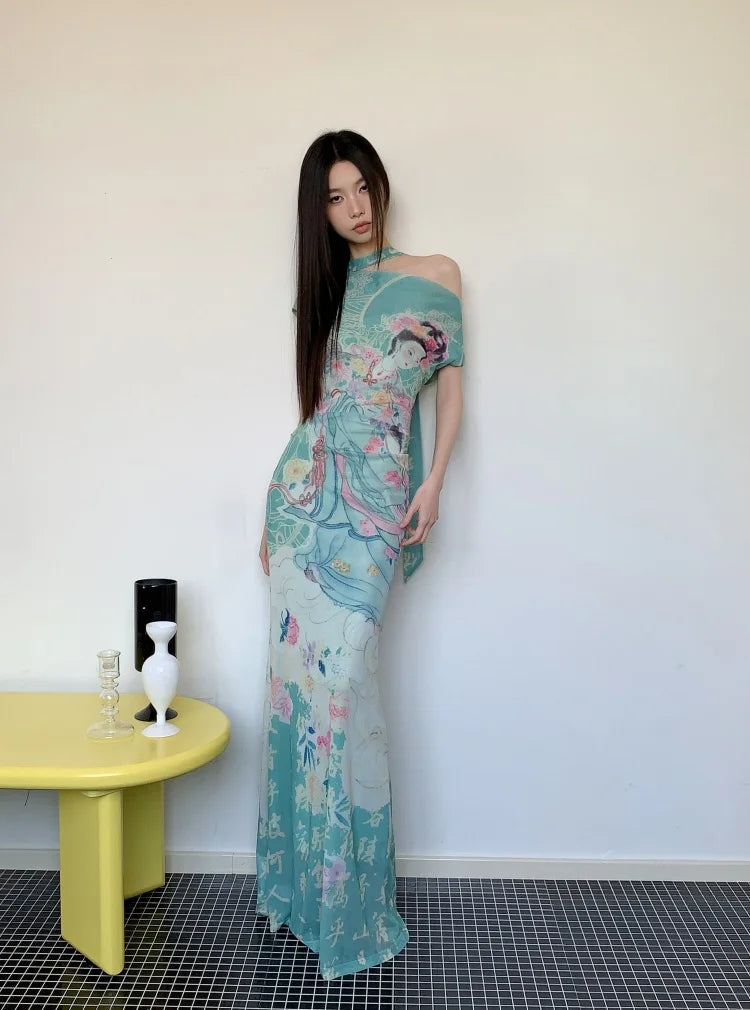 VILZSTUDIOS Vintage Fairy Print Off-Shoulder Maxi Dress