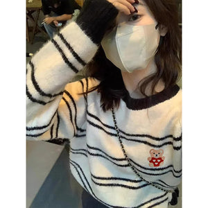 VILZSTUDIOS Striped Cartoon Embroidery Sweater