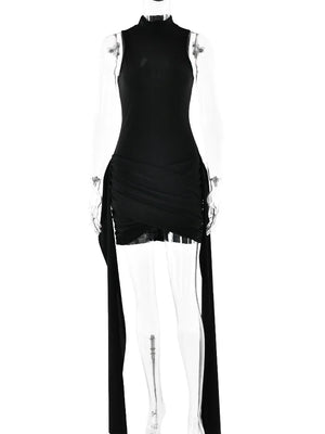 VILZSTUDIOS Black Ribbon Ruched Sleeveless Bodycon Dress
