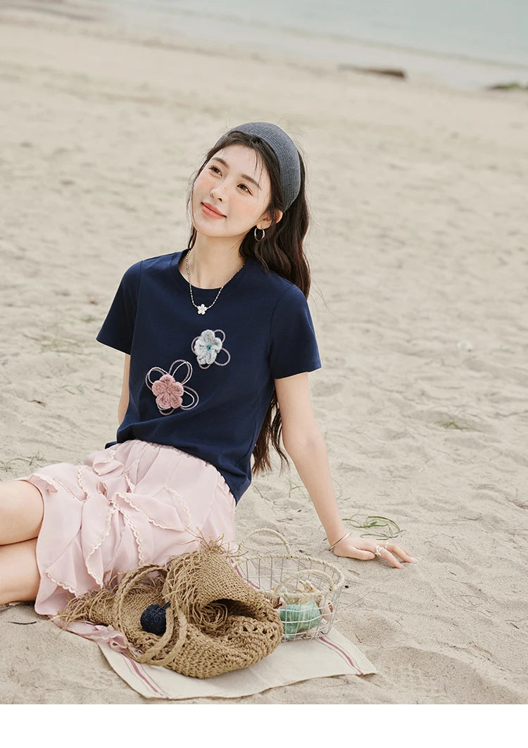 VILZSTUDIOS Floral Beaded T-Shirt