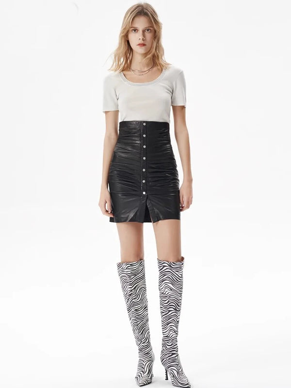 Luxury Black Ruched Fitted Leather Skirt