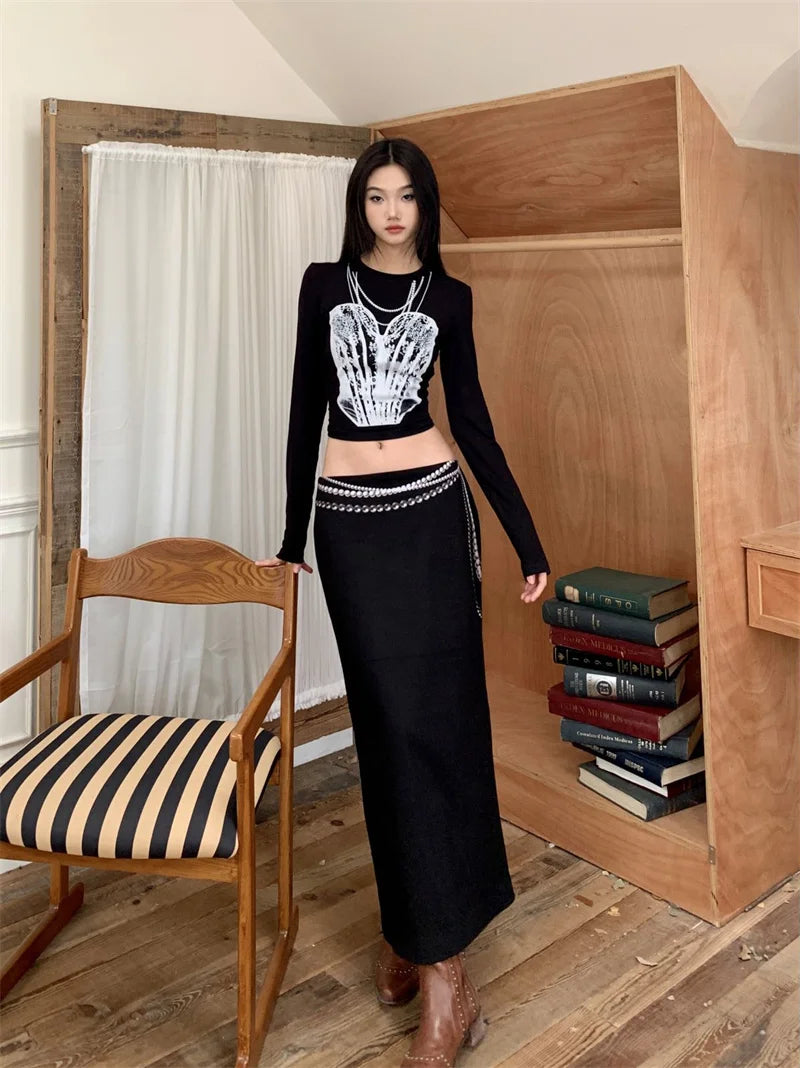 VILZSTUDIOS Black Pearl Print Long Sleeve Cropped Top