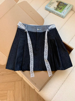 VILZSTUDIOS High Street Lace Pleated Denim Skirt