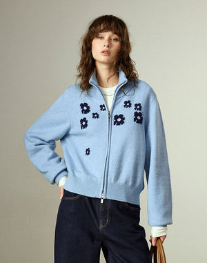 VILZSTUDIOS Flower Embroidered Zipped Cardigan
