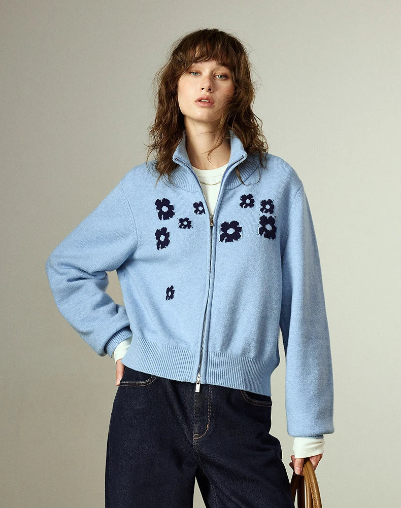 VILZSTUDIOS Flower Embroidered Zipped Cardigan