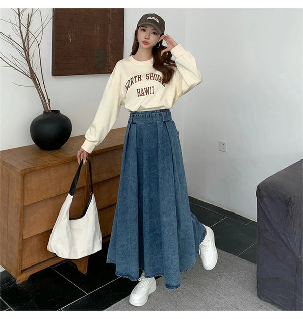 Vintage Blue Pleated A-Line Denim Skirt