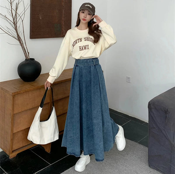 Blue Pleated A-Line Denim Skirt