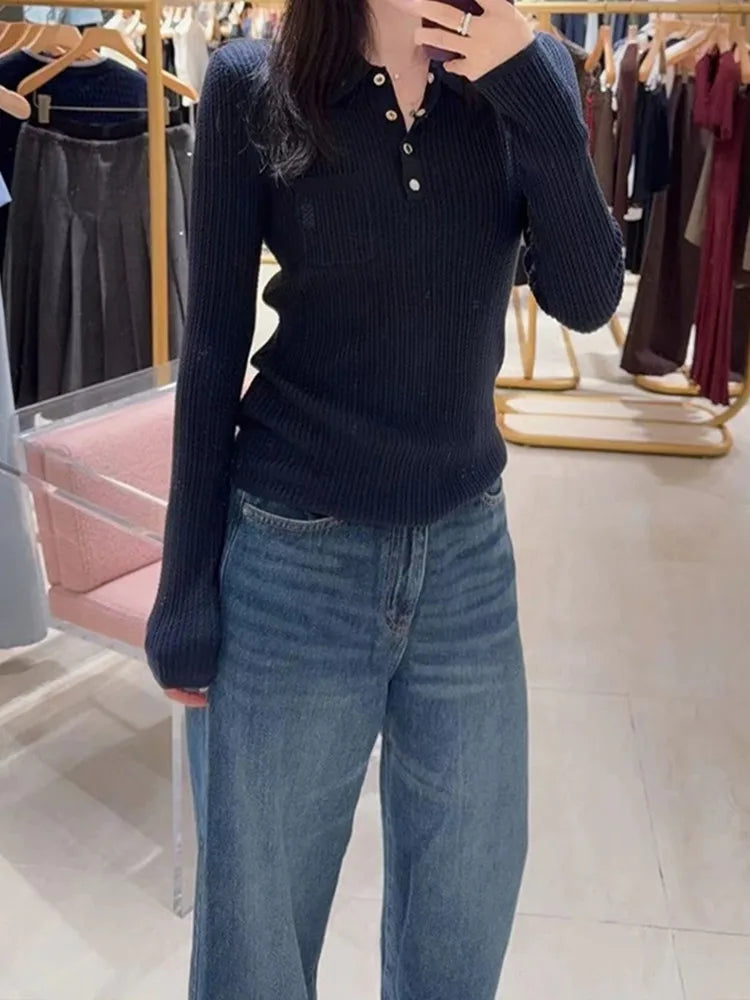 VILZSTUDIOS Dark Blue Button Up Slim Sweater