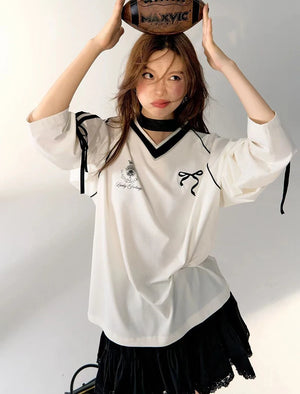 VILZSTUDIOS Sweet Bow White V Neck T-Shirt