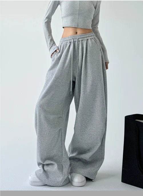 Gray Wide Leg Drawstring Pants